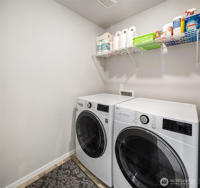 19815 152nd Street Ct E, Bonney Lake, WA 98391 - washroom with independent washer and dryer, visible vents, baseboards, and laundry area