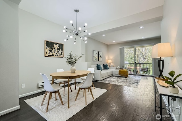 2546 NE Mulberry Walk, Issaquah, WA 98029 - dining room with baseboards, dark wood-style floors, an inviting chandelier, and recessed lighting