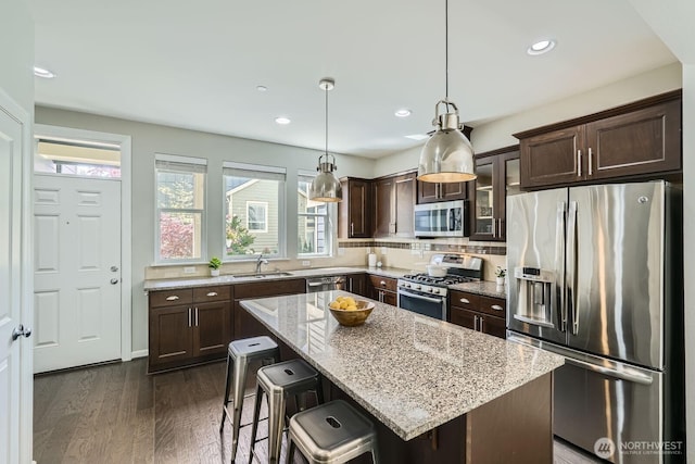 2546 NE Mulberry Walk, Issaquah, WA 98029 - kitchen featuring dark brown cabinetry, light stone counters, a sink, and appliances with stainless steel finishes