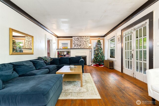 5019 17th Ave NE, Seattle, WA 98105 - living area with radiator, ornamental molding, wood finished floors, and a fireplace