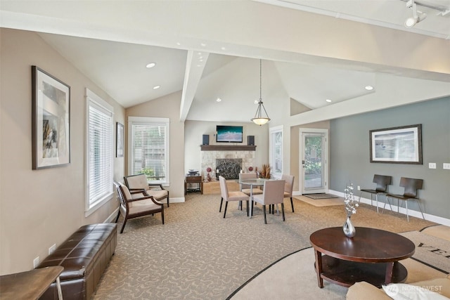 300 N 130th St Unit 8302, Seattle, WA 98133 - living room featuring carpet flooring, a fireplace, baseboards, and recessed lighting