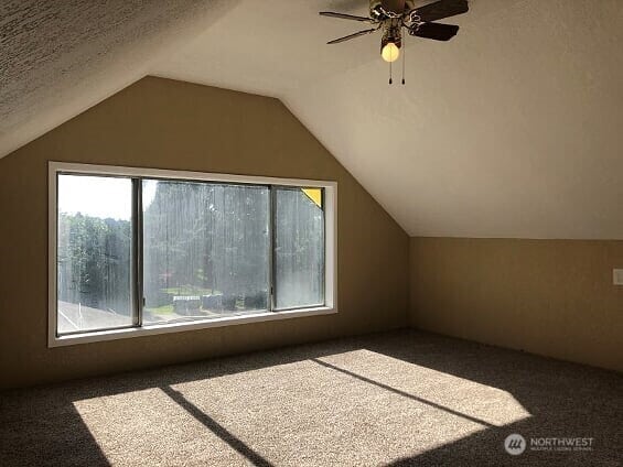 bonus room featuring ceiling fan, carpet, and vaulted ceiling