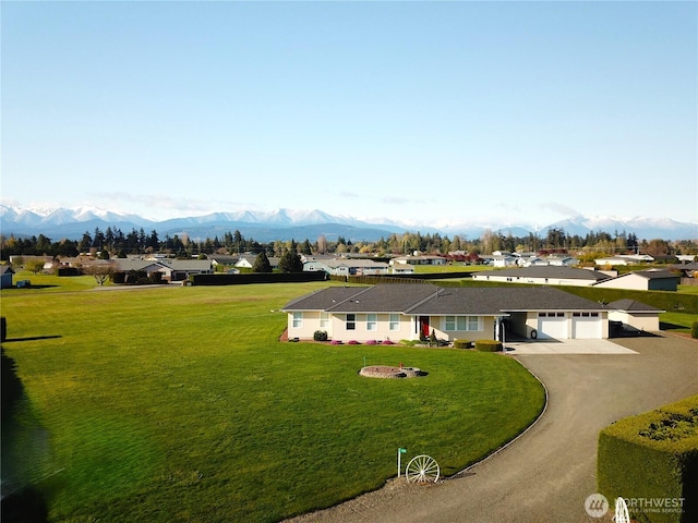 drone / aerial view featuring a mountain view and a residential view