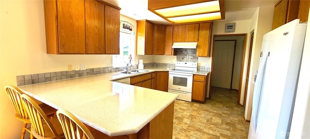 kitchen featuring under cabinet range hood, a sink, white appliances, a peninsula, and brown cabinetry