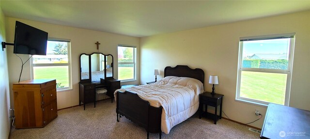 bedroom with visible vents and light carpet