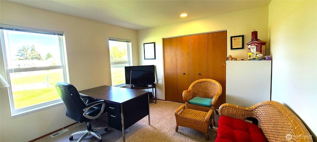 home office featuring visible vents, carpet flooring, and recessed lighting