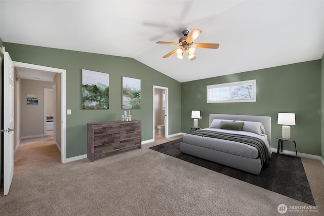 8148 Quinault Rd, Blaine, WA 98230 - bedroom with carpet, baseboards, connected bathroom, and lofted ceiling