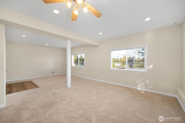 8148 Quinault Rd, Blaine, WA 98230 - basement with baseboards, a ceiling fan, carpet, and recessed lighting