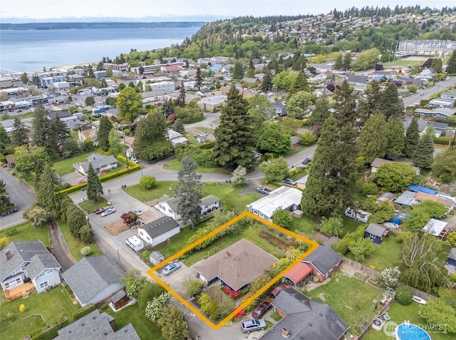22332 10th Ave S, Des Moines, WA 98198 - aerial perspective of suburban area with a large body of water and property parcel outlined