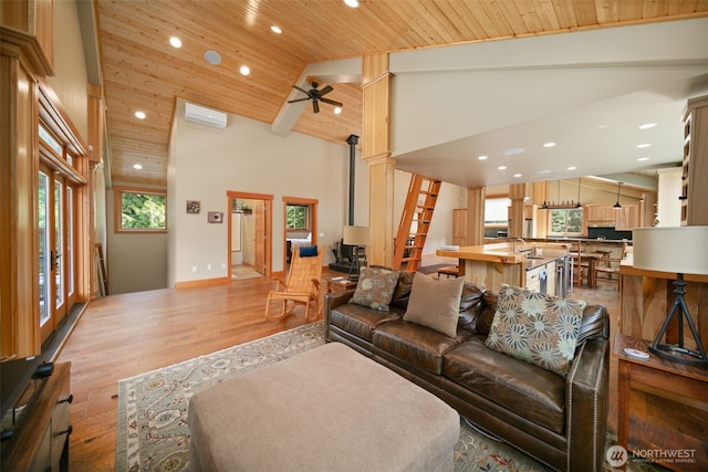 17650 Roaring Creek Rd, Leavenworth, WA 98826 - living room with light wood-style flooring, wood ceiling, high vaulted ceiling, and recessed lighting
