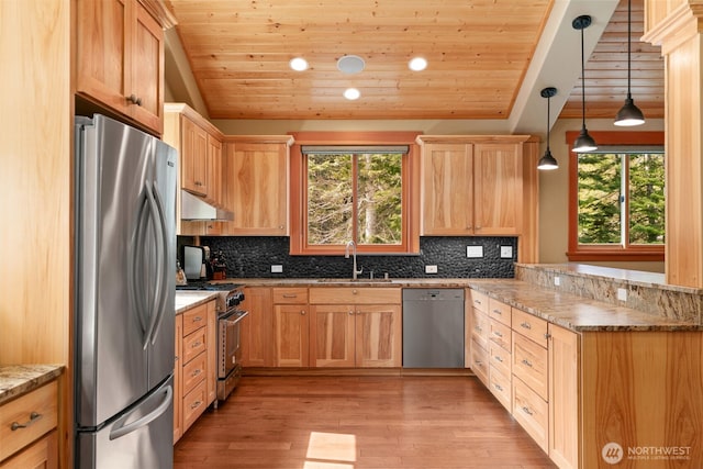 17650 Roaring Creek Rd, Leavenworth, WA 98826 - kitchen featuring wood ceiling, under cabinet range hood, a sink, stainless steel appliances, and light brown cabinets