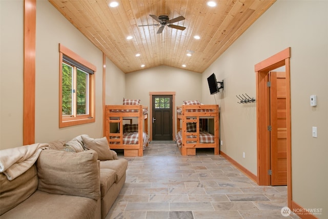 17650 Roaring Creek Rd, Leavenworth, WA 98826 - living area with wood ceiling, recessed lighting, vaulted ceiling, and a ceiling fan