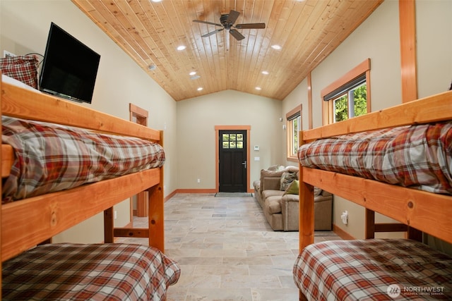 17650 Roaring Creek Rd, Leavenworth, WA 98826 - bedroom featuring baseboards, lofted ceiling, wood ceiling, recessed lighting, and stone finish flooring