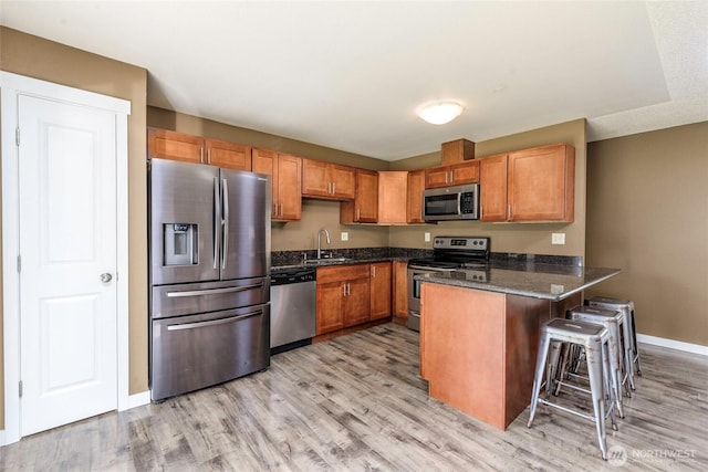 kitchen with a peninsula, appliances with stainless steel finishes, a sink, and light wood-type flooring
