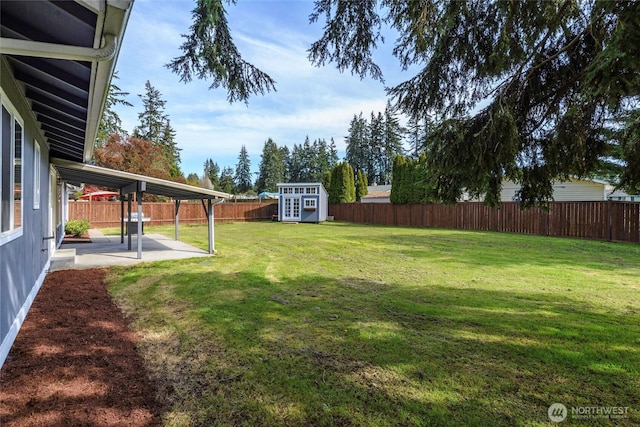 view of yard with a patio area, a fenced backyard, an outdoor structure, and a storage unit