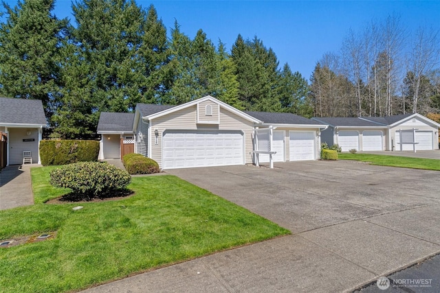 ranch-style house with a front lawn and driveway