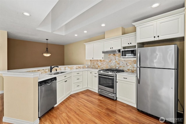 kitchen with a sink, light wood-style floors, stainless steel appliances, a peninsula, and under cabinet range hood