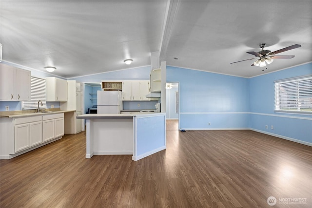 kitchen with a sink, open floor plan, freestanding refrigerator, dark wood finished floors, and under cabinet range hood
