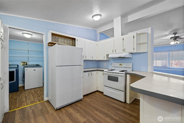 kitchen featuring white appliances, a peninsula, open shelves, under cabinet range hood, and washing machine and clothes dryer