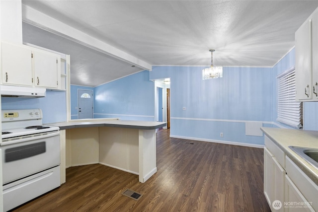 kitchen with dark wood-style flooring, a chandelier, white electric stove, under cabinet range hood, and visible vents