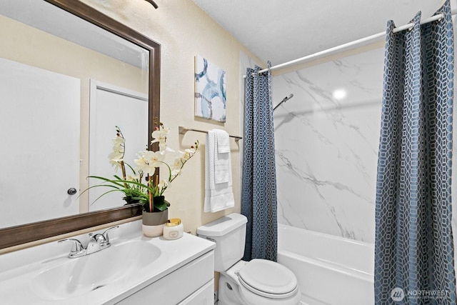 bathroom featuring toilet, vanity, and shower / bath combo with shower curtain