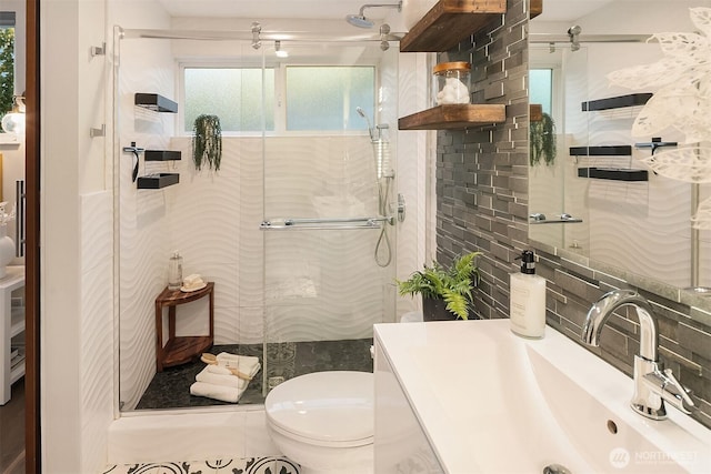 11820 NE 145th St, Kirkland, WA 98034 - bathroom with a shower stall, decorative backsplash, toilet, and vanity