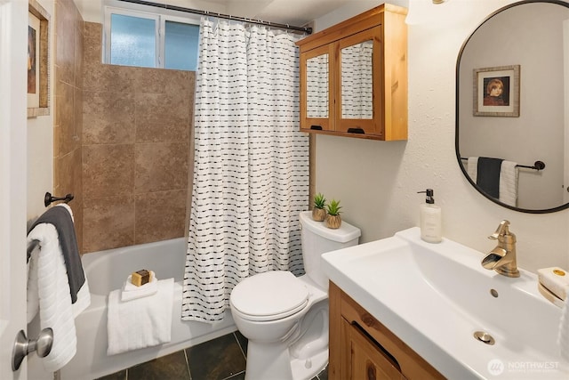 11820 NE 145th St, Kirkland, WA 98034 - bathroom with tile patterned floors, shower / bath combo, vanity, and toilet