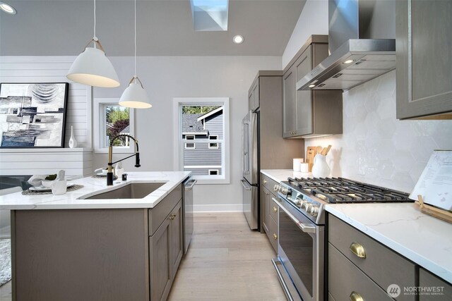428 20th Ave, Kirkland, WA 98033 - kitchen with wall chimney exhaust hood, high quality appliances, a sink, gray cabinets, and light wood-type flooring