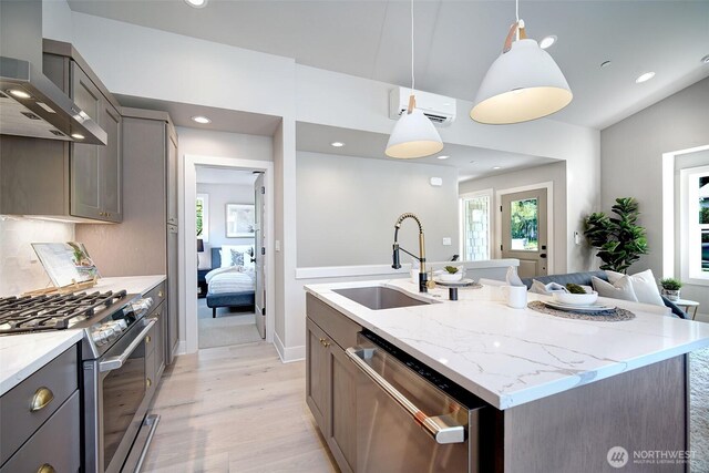 428 20th Ave, Kirkland, WA 98033 - kitchen featuring a sink, stainless steel appliances, wall chimney range hood, gray cabinets, and light wood-style floors
