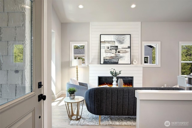 428 20th Ave, Kirkland, WA 98033 - living area with wood finished floors, recessed lighting, and a large fireplace