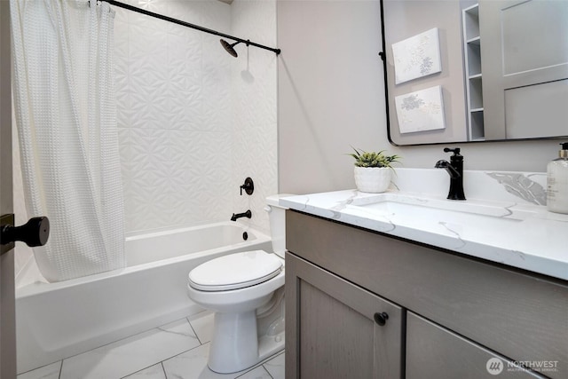 428 20th Ave, Kirkland, WA 98033 - bathroom with vanity, shower / bath combo with shower curtain, toilet, and marble look tiles