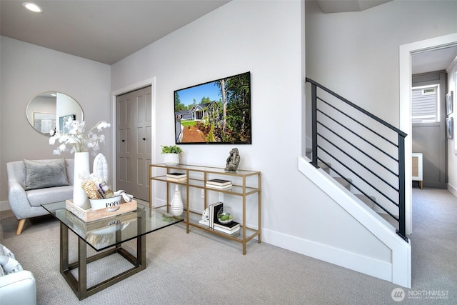 428 20th Ave, Kirkland, WA 98033 - living room with carpet, baseboards, stairs, and recessed lighting