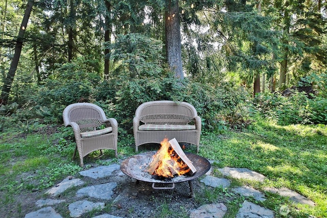 exterior details with a wooded view and a fire pit