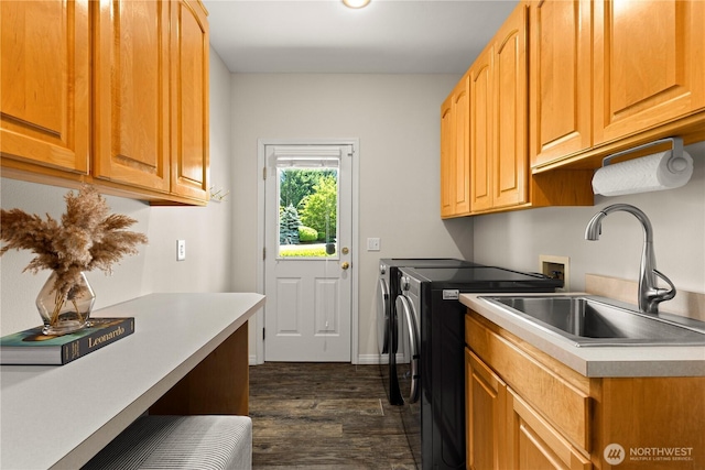 17605 244th Ave SE, Maple Valley, WA 98038 - laundry area featuring cabinet space, separate washer and dryer, and dark wood-style flooring