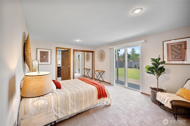 carpeted bedroom featuring baseboards, recessed lighting, access to exterior, and ensuite bathroom