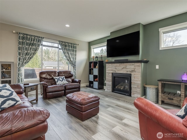 4206 NE 132nd St, Vancouver, WA 98686 - living room featuring a stone fireplace, wood finished floors, and recessed lighting