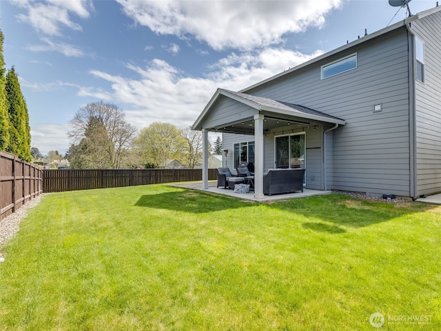 4206 NE 132nd St, Vancouver, WA 98686 - back of property featuring outdoor lounge area, a lawn, a patio, and a fenced backyard