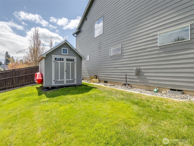 4206 NE 132nd St, Vancouver, WA 98686 - rear view of property featuring crawl space, a storage shed, a lawn, an outdoor structure, and fence