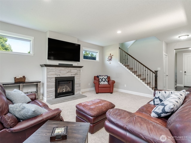 4206 NE 132nd St, Vancouver, WA 98686 - living area featuring stairway, baseboards, a stone fireplace, carpet floors, and recessed lighting