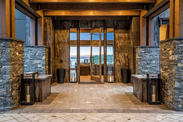 interior space with a water view