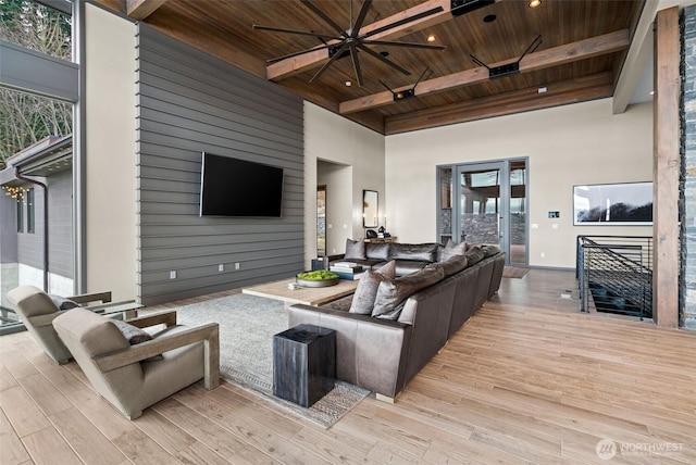 living area featuring recessed lighting, beam ceiling, ceiling fan, wood ceiling, and wood finished floors