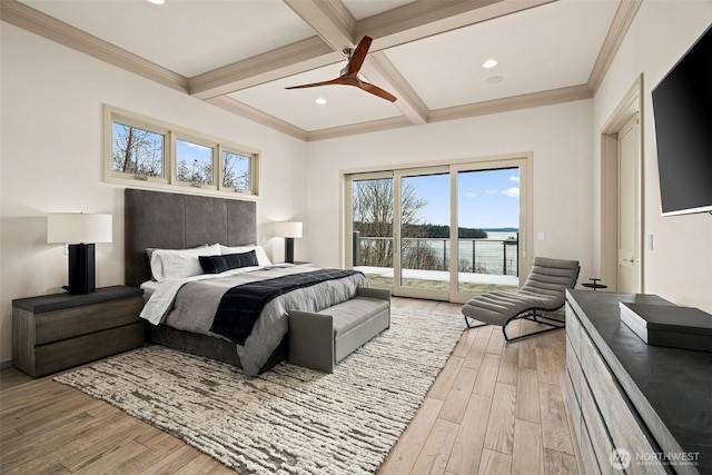 bedroom featuring coffered ceiling, access to outside, beam ceiling, and light wood-type flooring