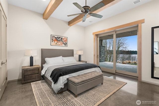 bedroom with baseboards, visible vents, access to exterior, beamed ceiling, and ceiling fan