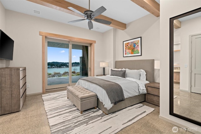 bedroom featuring access to outside, beamed ceiling, carpet, visible vents, and a water view