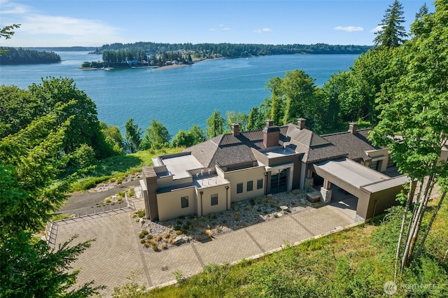 aerial view featuring a water view