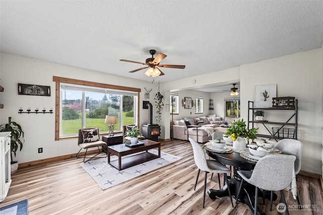 dining room featuring light wood-style floors, a wood stove, and ceiling fan