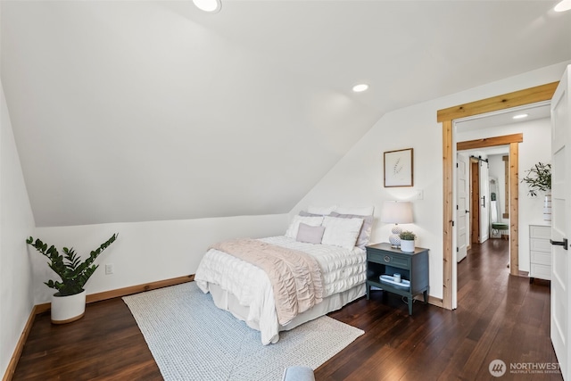 bedroom with recessed lighting, baseboards, lofted ceiling, and dark wood-style floors