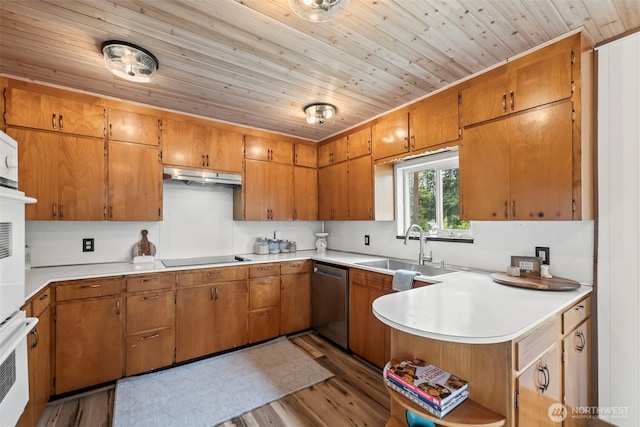 kitchen featuring oven, light countertops, dishwasher, a sink, and wood ceiling