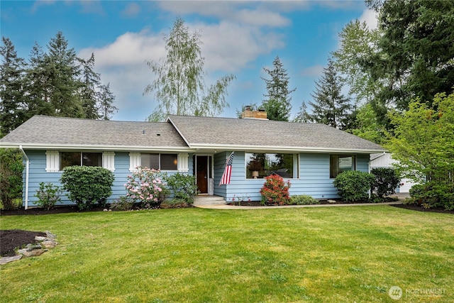 1202 122nd St E, Tacoma, WA 98445 - ranch-style house with a shingled roof, a front lawn, and a chimney