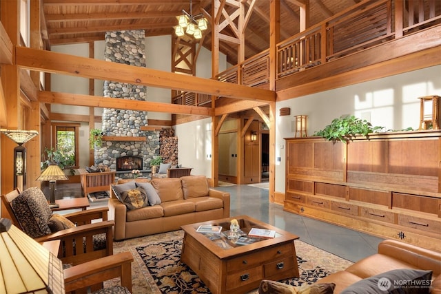 common area featuring high vaulted ceiling and wooden ceiling with exposed beams